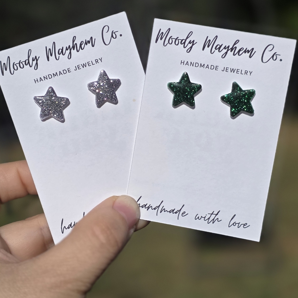 Silver and Green Star Earrings